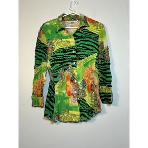 VTG 90s Y2K Alberto Makali M Colorful Crinkly Ruffle Top Artsy Button Front